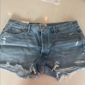 Agolde Light Blue Distressed High-Rise Denim Shorts